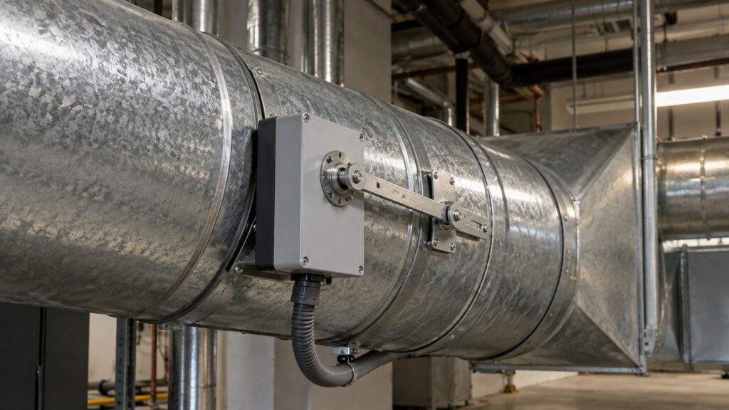 A motorized damper fitted in a round metal supply duct inside a mechanical space