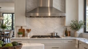 A wide professional style stainless range hood above a cooktop in a modern kitchen