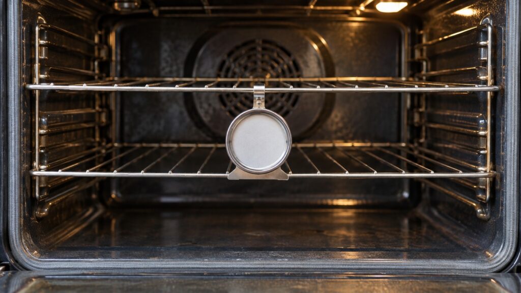 A standalone oven thermometer hanging from the center of a middle oven rack