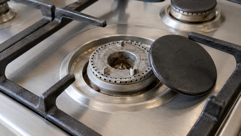 A gas burner with the cap lifted off showing the burner head and ports beneath