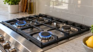 A professional style gas cooktop with heavy cast iron grates and blue flames on two burners