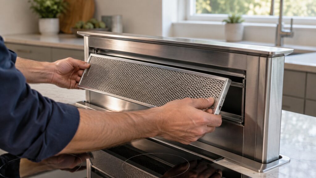 A grease filter being slid out of the slot in a raised downdraft vent panel