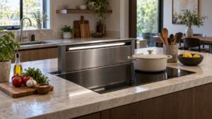 A kitchen island cooktop with a downdraft vent panel raised behind the rear burners