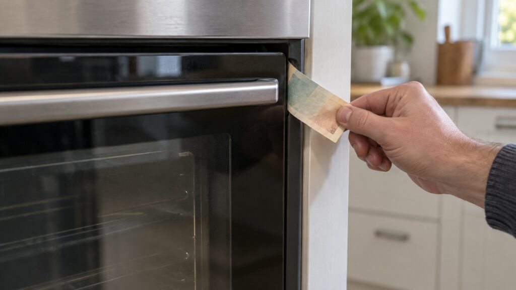 A banknote being pulled from a closed oven door to test the seal at the corner