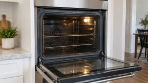 A wall oven with the door open showing the gasket running around the inside of the frame