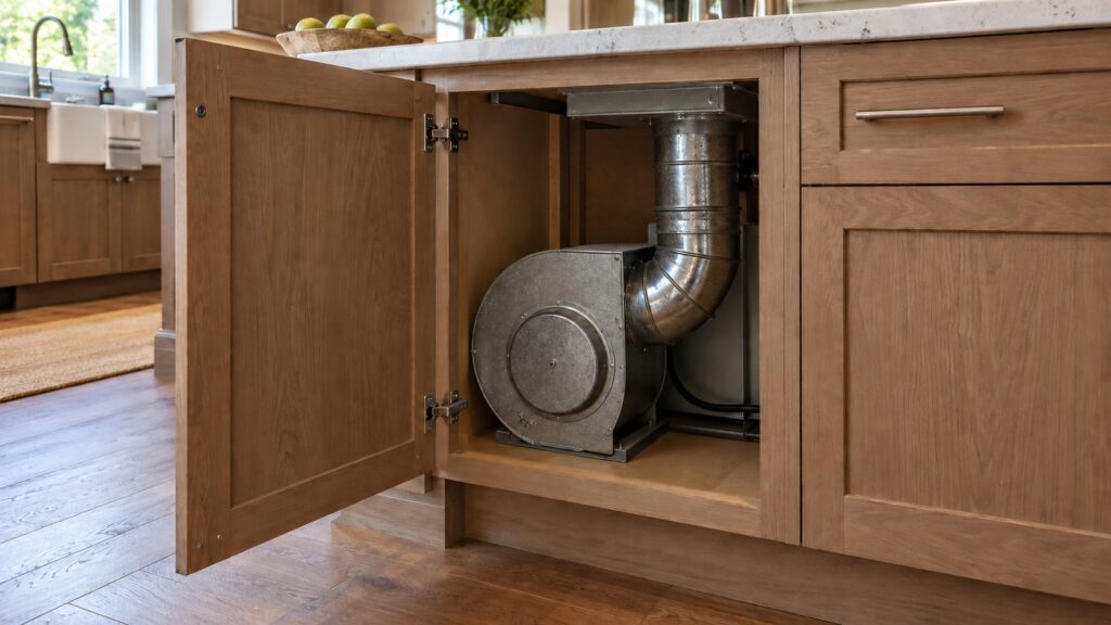 The cabinet below a kitchen island opened showing a blower housing and ductwork