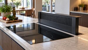 A downdraft vent panel raised beside a cooktop on a kitchen island counter