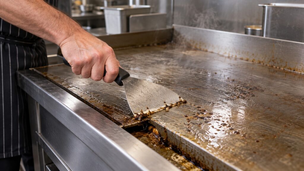 A griddle scraper being drawn flat across a hot steel griddle plate toward the drip channel