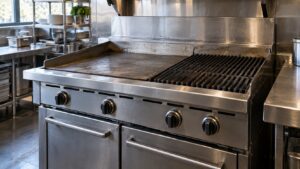 A professional rangetop with a flat griddle plate on one side and grates over a charbroiler on the other