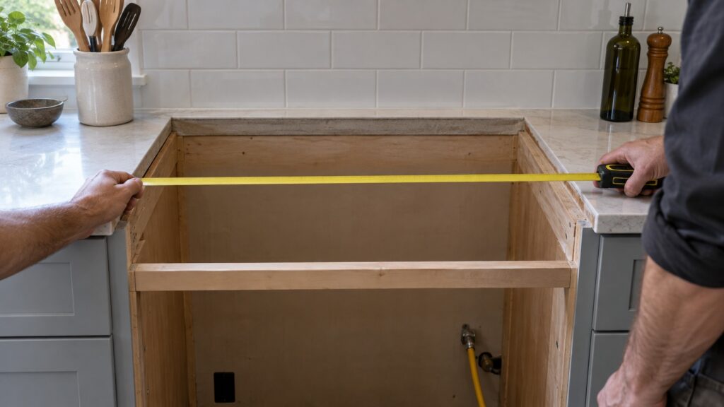 A tape measure stretched across a kitchen counter opening where a rangetop will sit