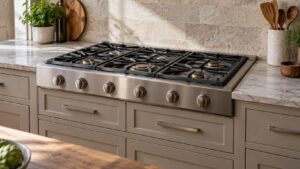 A wide professional rangetop set into a kitchen counter with drawers in the cabinet below