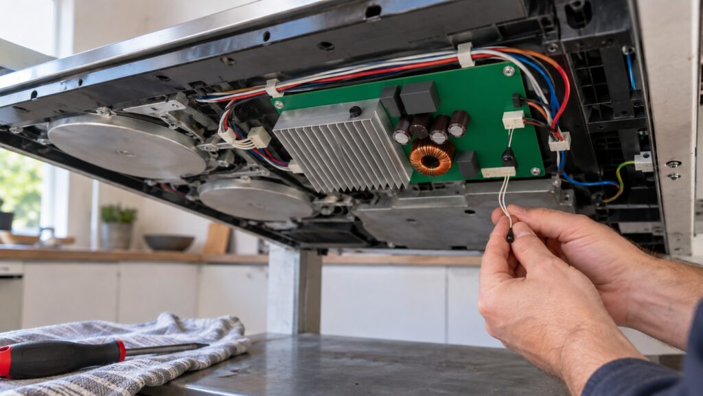The underside of an electric cooktop with its lower cover removed, showing the power board, its finned heatsink and a small thermistor on a two-wire lead