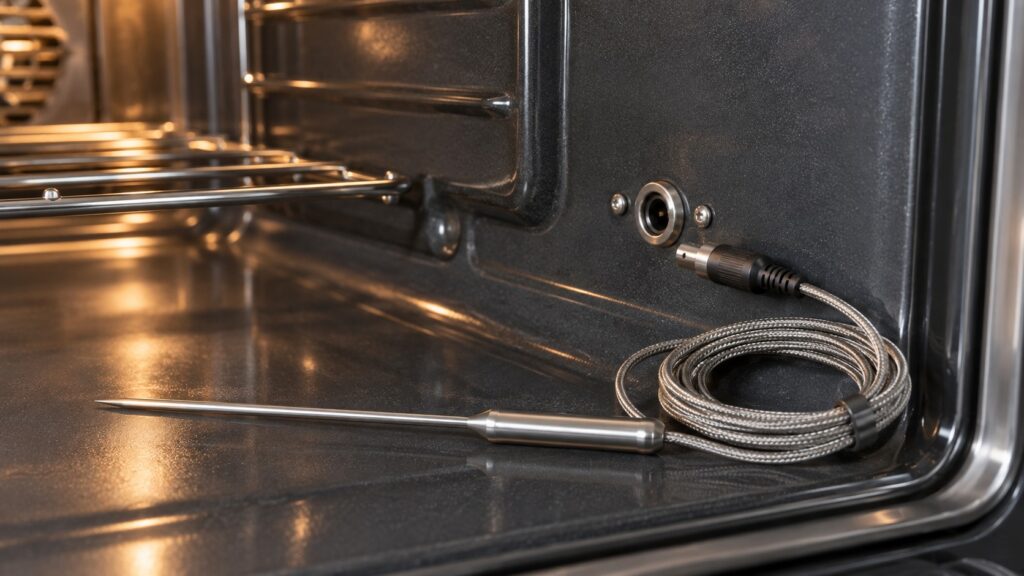 A plug-in stainless steel food probe with its coiled cable resting beside the probe jack inside an oven cavity wall