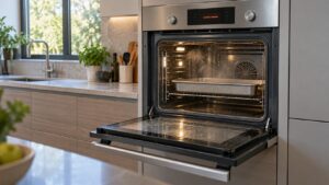 A built-in stainless steel convection steam oven with its door open and a short error code lit on the control display