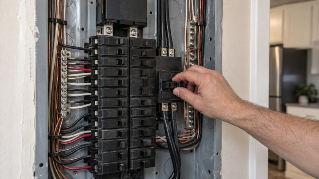 An open residential electrical panel with a hand resting on a double-pole two-hundred-forty volt breaker labeled for the range circuit