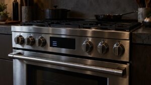 A professional stainless steel range in a dim kitchen with a short message lit on its control panel and the clock blanked