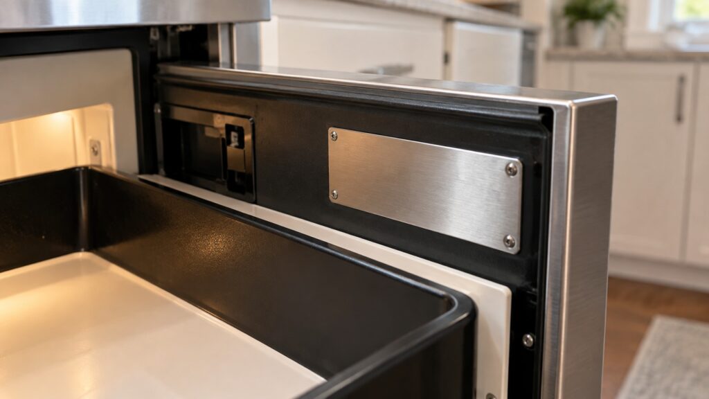 A close view of the rating plate with a model number printed on the inner edge of an open microwave drawer front