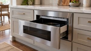 A stainless steel microwave drawer built in below a kitchen countertop with the drawer pulled half open