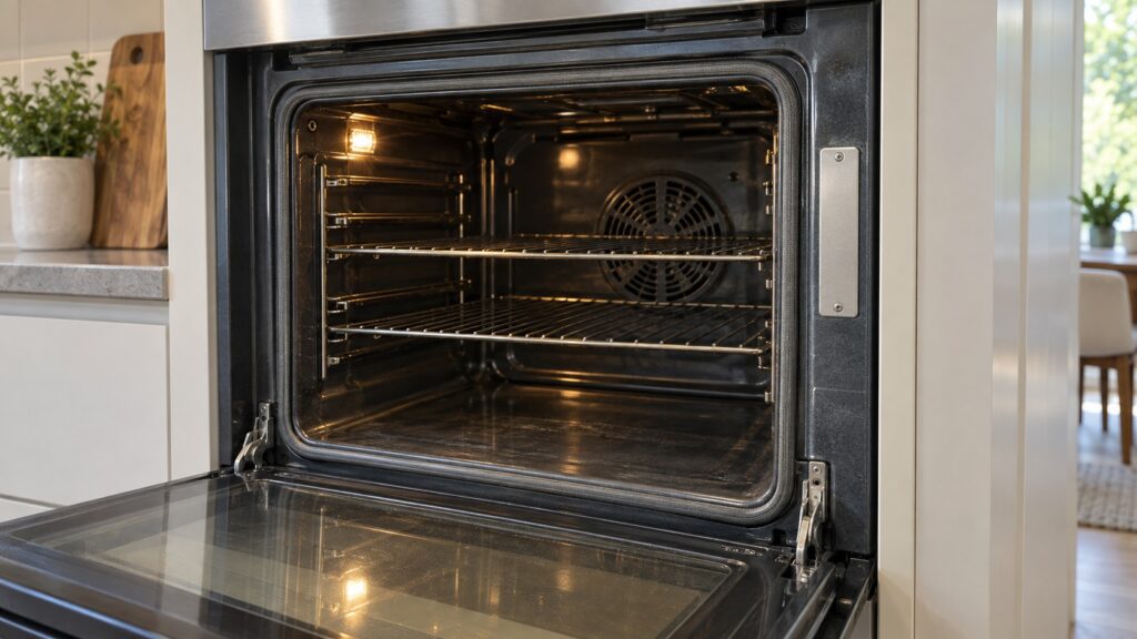 The open door of a wall oven showing the model and serial plate on the cavity frame at the edge of the opening