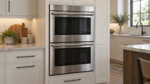 A stainless steel double wall oven built into a tall cabinet column in a kitchen with both doors closed