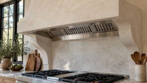 A stainless ventilation liner built into a plastered custom hood enclosure above a professional rangetop in a kitchen