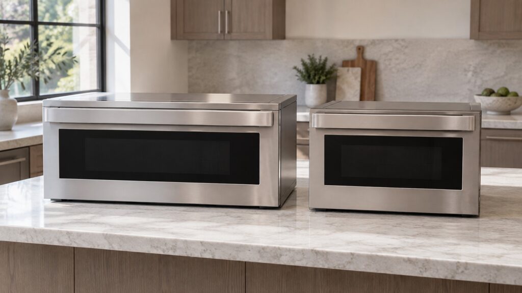 Two drawer-style microwaves of different widths side by side on a kitchen island for a size comparison