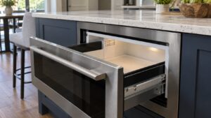 An open drawer-style built-in microwave on a kitchen island, viewed up close