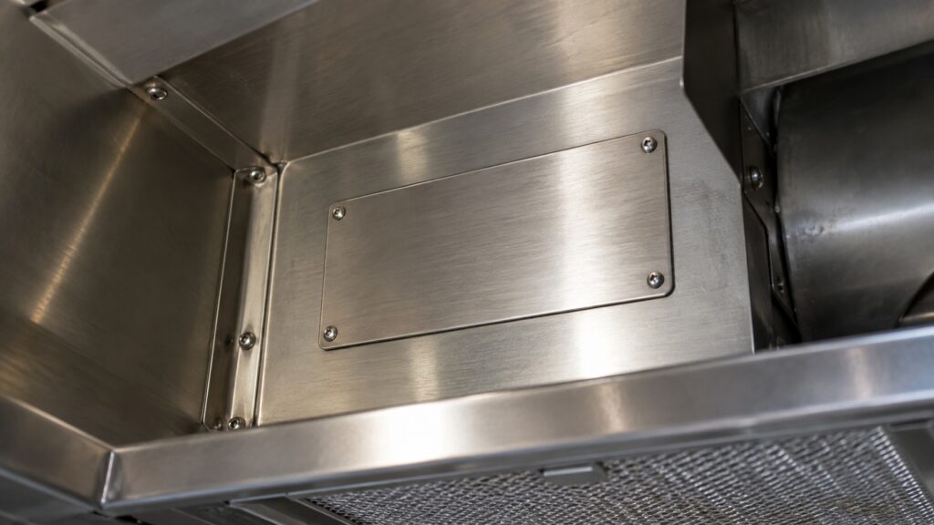 A close-up of a model number data plate on the interior wall of a range hood body