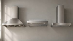 A row of built-in range hoods of different shapes — canopy, insert and wall-mount — displayed against a plain studio background