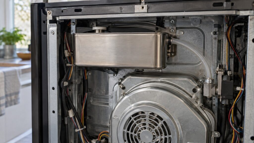 The rear interior panel of an oven removed to reveal a small metal water reservoir and a steam delivery tube