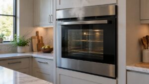 A built-in wall oven with the door closed and visible steam venting from a small vent at the top of the front panel