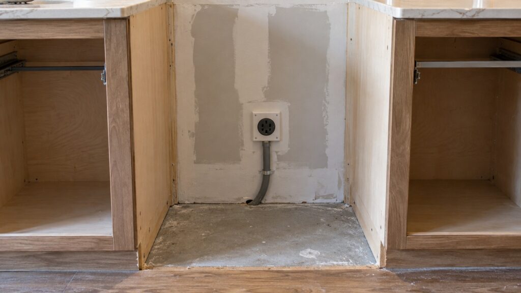 A dedicated electrical receptacle mounted on a wall behind an open cabinet space, before a range has been installed