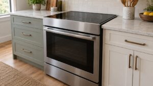 A freestanding range with an induction cooktop surface in a kitchen, viewed at an angle showing the side gap to adjacent cabinetry