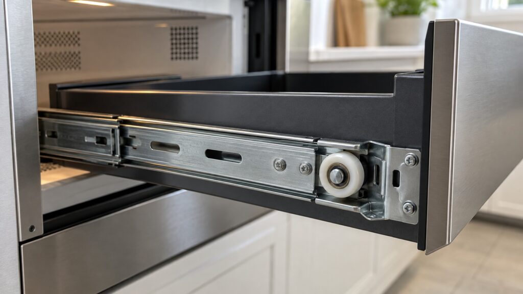 A close-up of a metal telescoping rail and roller wheel on the side of an open microwave drawer