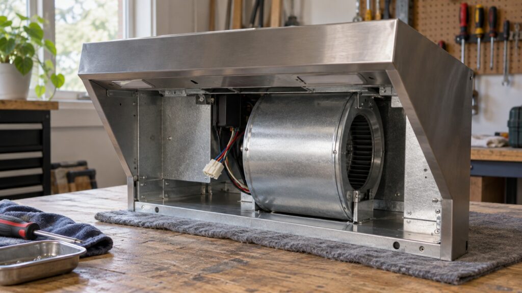 A range hood insert liner removed entirely and set on a workbench, showing the blower housing and electrical connector