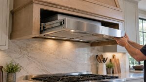 A range hood insert liner partially pulled out from inside a custom wood surround above a range