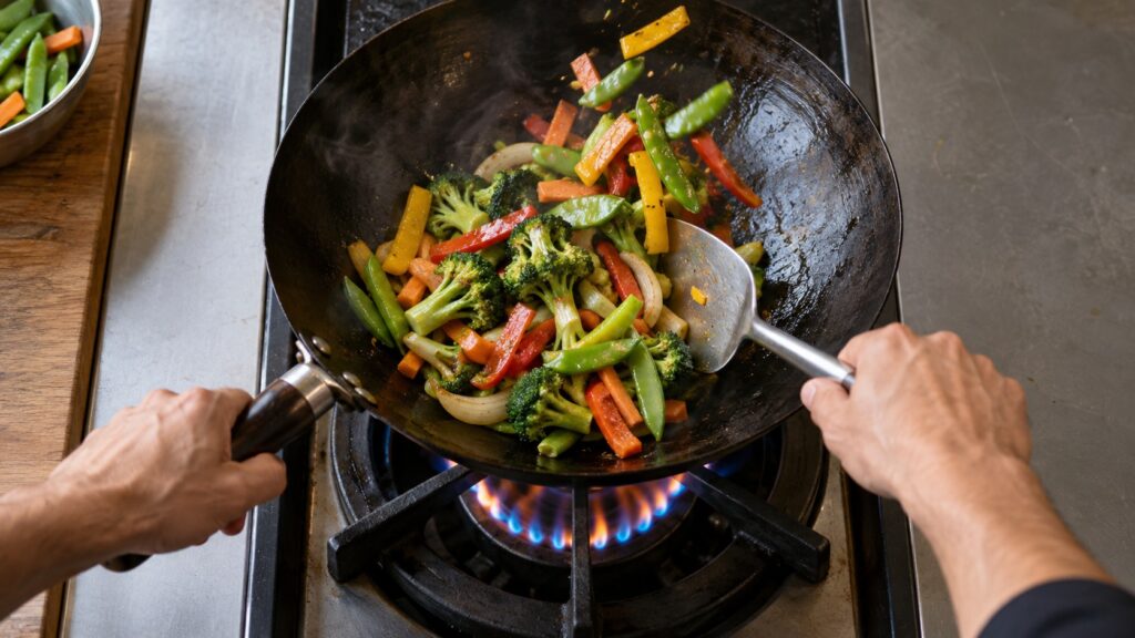 A close-up view from above of hands tossing vegetables in a wok over an active ring burner