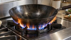 A round-bottomed wok pan seated in a ring burner on a rangetop, flames visible wrapping up the sides of the pan