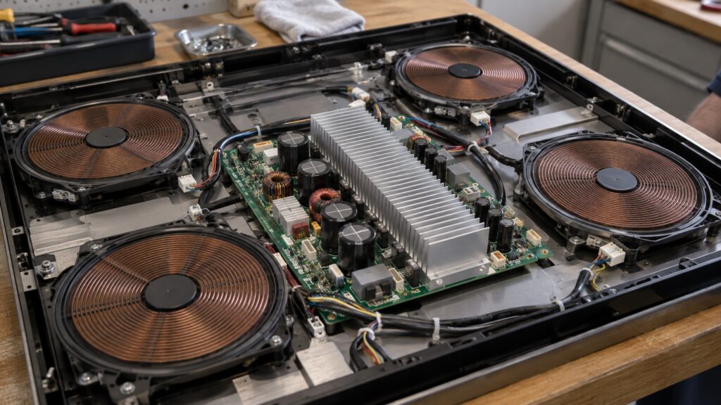 The underside of a removed induction cooktop panel showing a generator circuit board with a heat sink