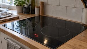 An older-style built-in induction cooktop with a simple digital display showing an unreadable fault code glowing on its display