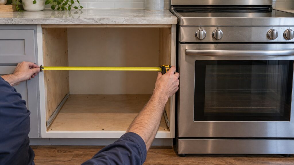 A tape measure stretched across the width of a cabinet opening beside a slide-in range