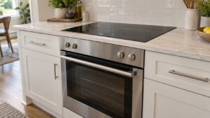 A built-in induction range with a black glass cooktop and a stainless oven door in a bright kitchen