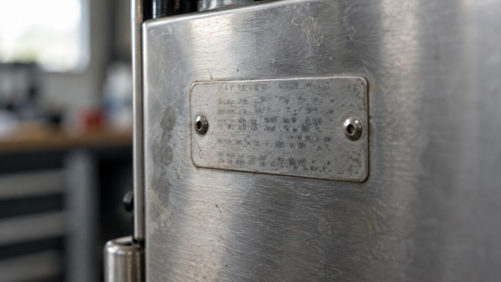 A close-up of a small printed rating label on a metal plate, its printing too small to read