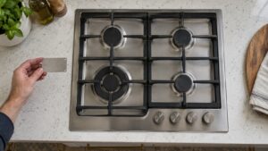 A built-in cooktop viewed from above on a kitchen counter, with a small metal data plate held beside it