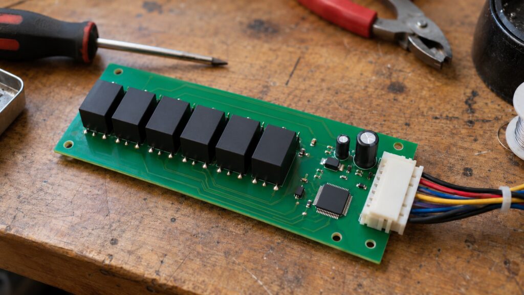 A circuit board with a row of small square relays and a wiring connector, photographed on a workbench
