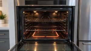 The glass-fronted interior of a built-in wall oven with a lit bake element and an unreadable control display
