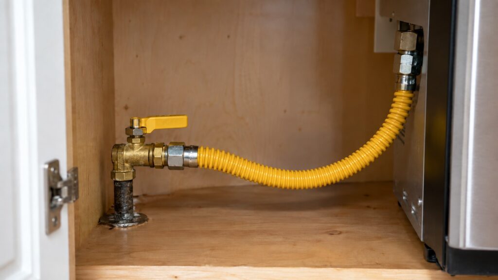 A flexible gas appliance connector attached to a brass shutoff valve in a kitchen cabinet