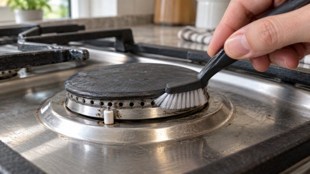 A soft brush clearing the small ports around a gas burner ring, with a small ceramic igniter tip beside it