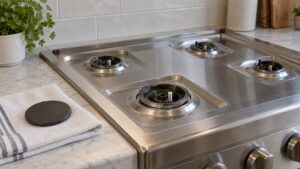 A gas rangetop with its grates removed and a clean sealed burner cap on a towel beside it
