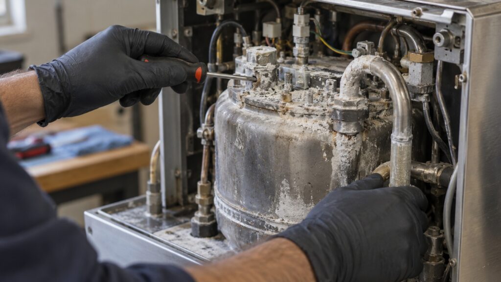 A technician-style close-up of a steam generator with white mineral scale on its metal surfaces